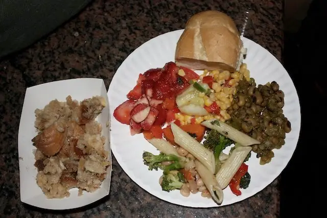 It's unclear if this meal was cooked in McLafferty's kitchen, but it was pretty good. Lentils and curry, pasta and roasted vegetables, corn and tomatos, strawberries and apples, and a side of banana bread pudding
